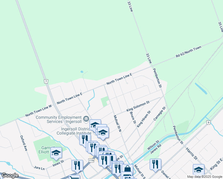 map of restaurants, bars, coffee shops, grocery stores, and more near 275 Evelyn Avenue in Ingersoll
