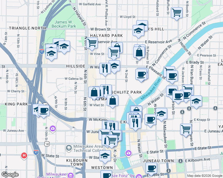 map of restaurants, bars, coffee shops, grocery stores, and more near 1501 North Doctor Martin Luther King Junior Drive in Milwaukee