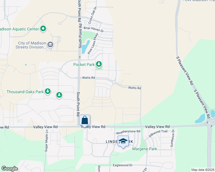 map of restaurants, bars, coffee shops, grocery stores, and more near 9319 Watts Road in Madison