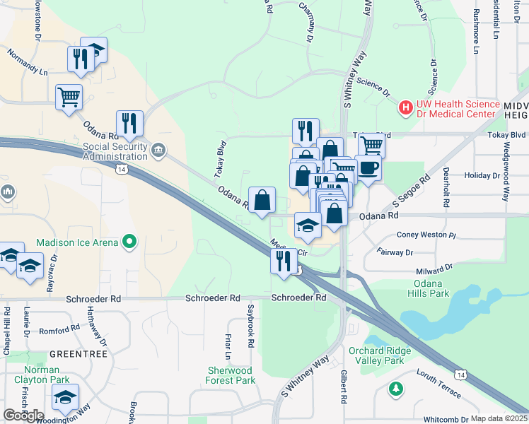 map of restaurants, bars, coffee shops, grocery stores, and more near 5614 Odana Road in Madison