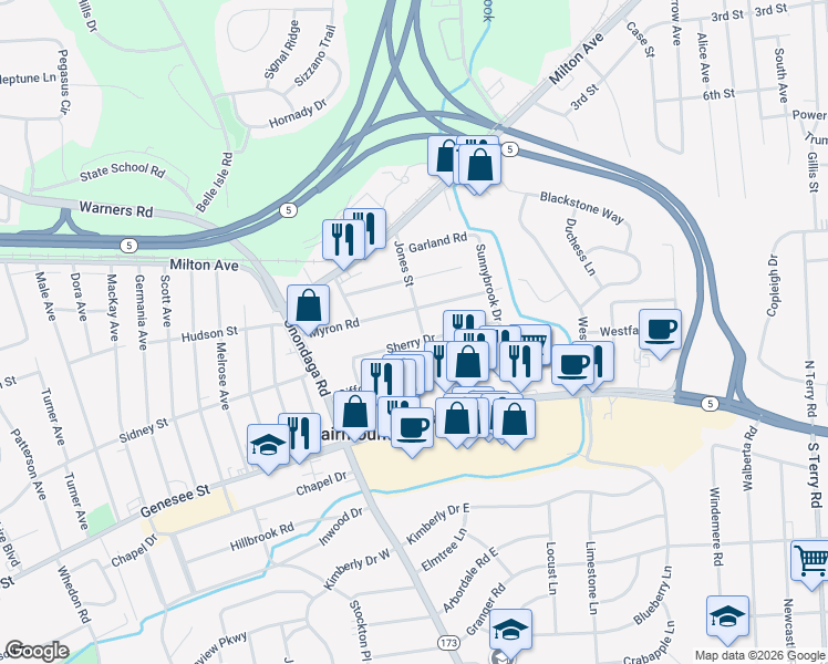 map of restaurants, bars, coffee shops, grocery stores, and more near 30 Sherry Drive in Syracuse