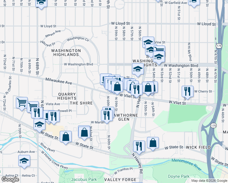 map of restaurants, bars, coffee shops, grocery stores, and more near 5906 West Vliet Street in Milwaukee