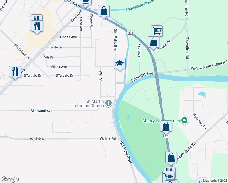 map of restaurants, bars, coffee shops, grocery stores, and more near 378 Old Falls Boulevard in North Tonawanda