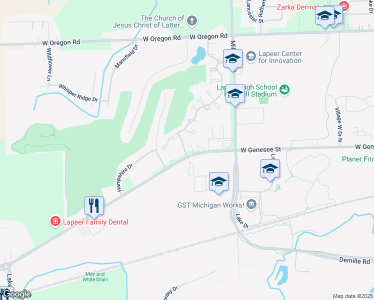 map of restaurants, bars, coffee shops, grocery stores, and more near 604 Greens Way Boulevard in Lapeer
