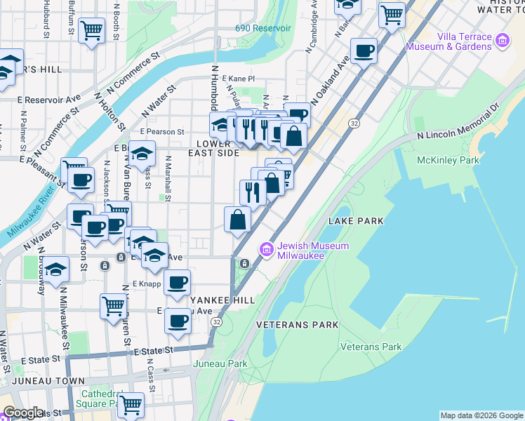 map of restaurants, bars, coffee shops, grocery stores, and more near 1519 North Farwell Avenue in Milwaukee
