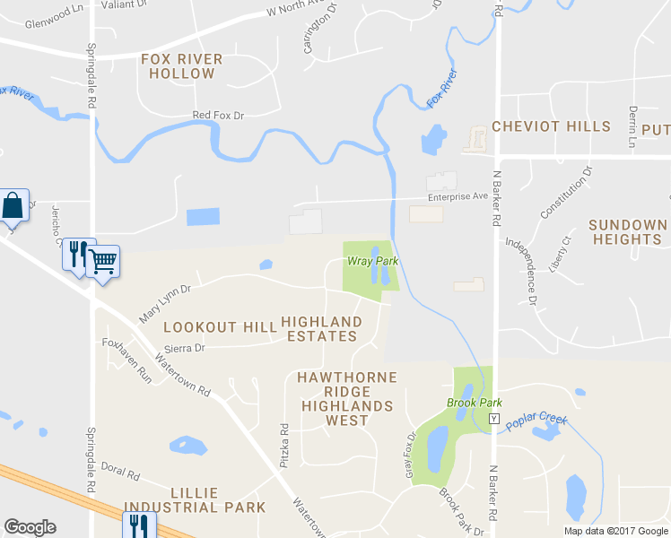 map of restaurants, bars, coffee shops, grocery stores, and more near 1470 Jaclyn Drive in Brookfield