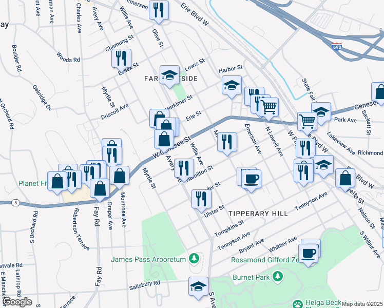 map of restaurants, bars, coffee shops, grocery stores, and more near 301 Cayuga Street in Syracuse