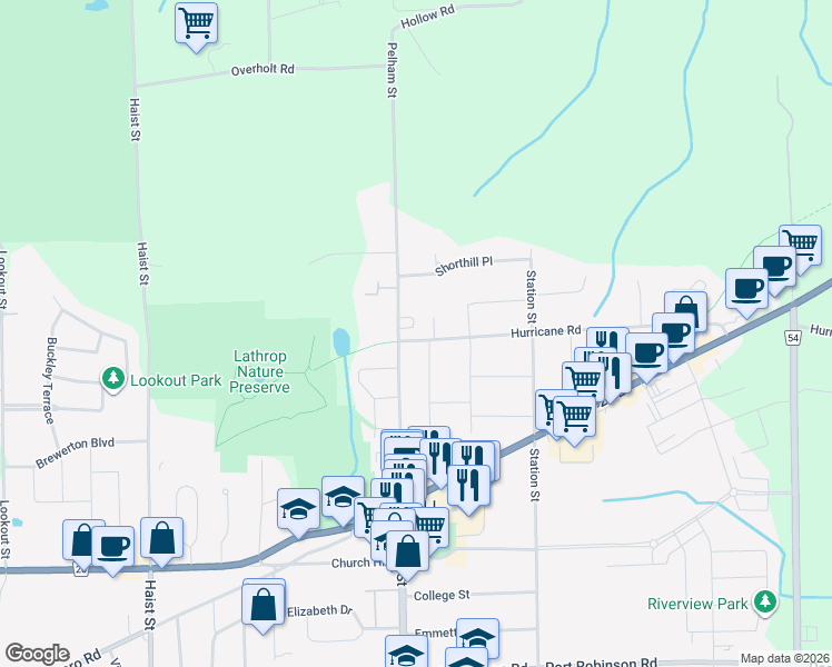 map of restaurants, bars, coffee shops, grocery stores, and more near 1585 Pelham Street in Pelham