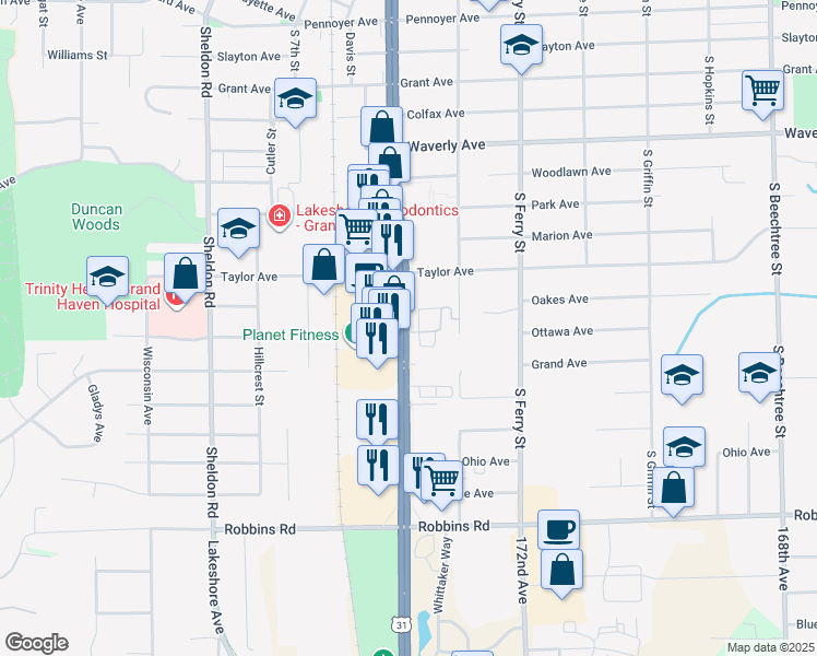 map of restaurants, bars, coffee shops, grocery stores, and more near 1120 South Beacon Boulevard in Grand Haven