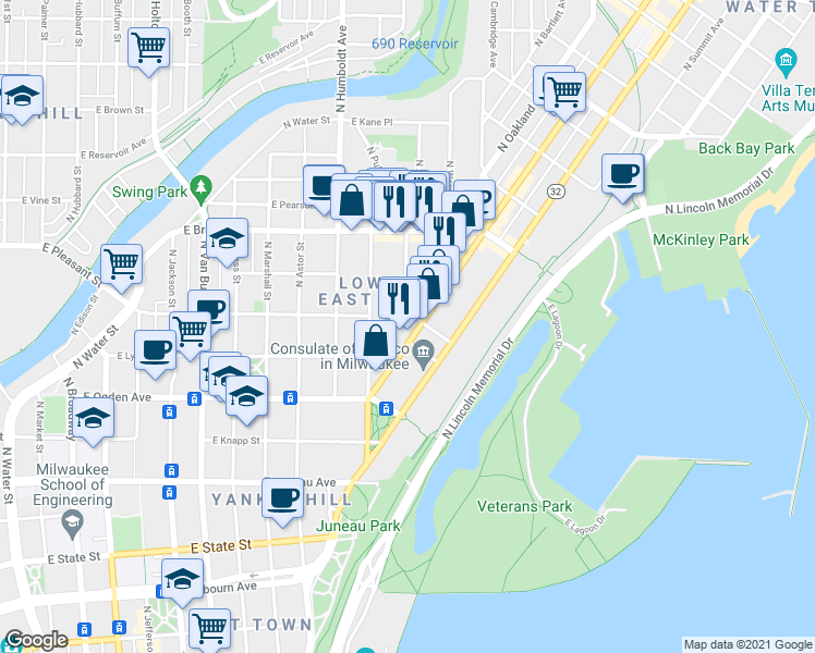 map of restaurants, bars, coffee shops, grocery stores, and more near 1505-1507 North Farwell Avenue in Milwaukee