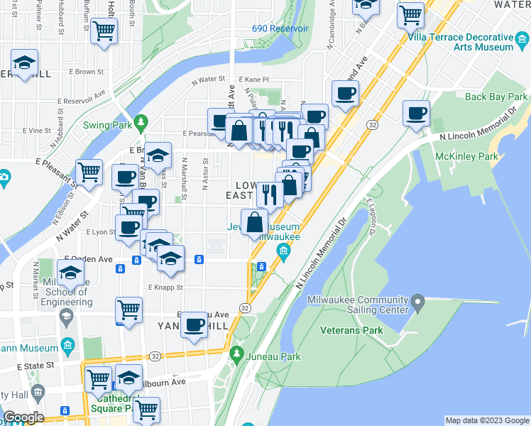 map of restaurants, bars, coffee shops, grocery stores, and more near 1505-1507 North Farwell Avenue in Milwaukee