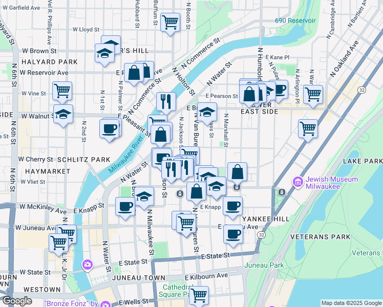 map of restaurants, bars, coffee shops, grocery stores, and more near 1526 North Jackson Street in Milwaukee