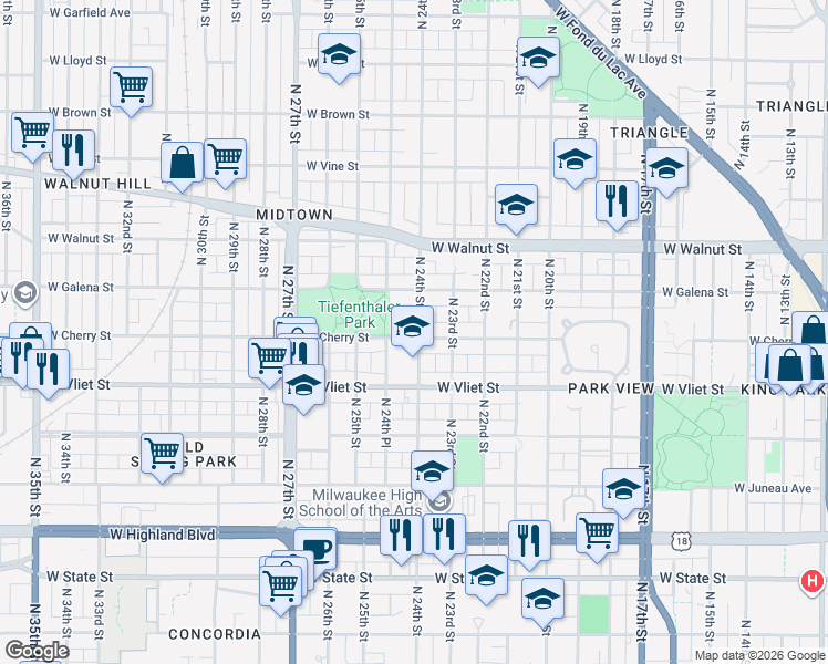 map of restaurants, bars, coffee shops, grocery stores, and more near 1525 North 24th Street in Milwaukee