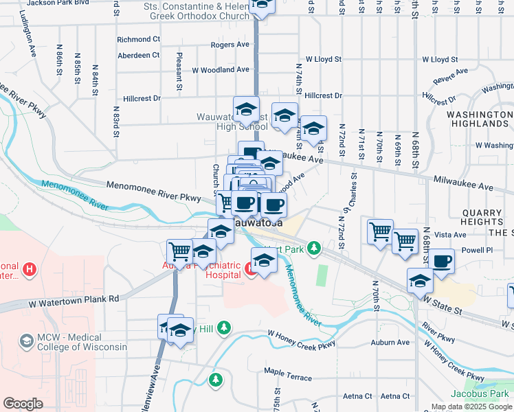 map of restaurants, bars, coffee shops, grocery stores, and more near in Wauwatosa