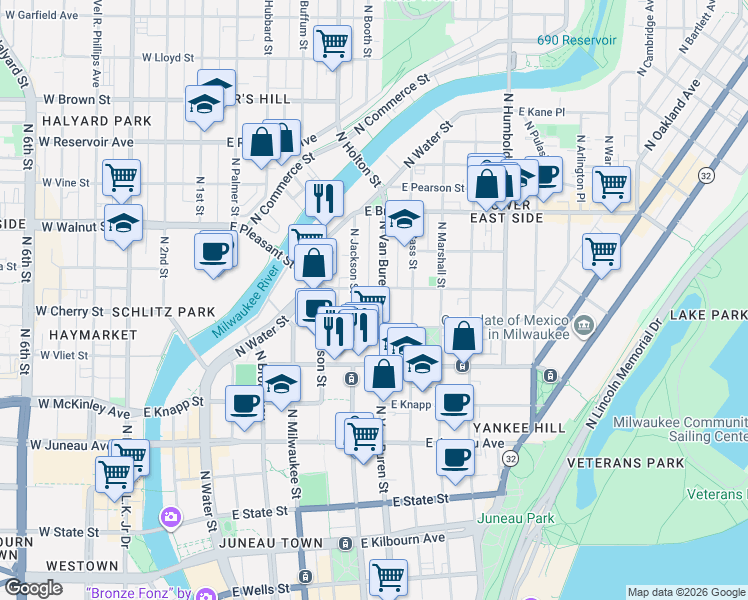 map of restaurants, bars, coffee shops, grocery stores, and more near 1526 North Jackson Street in Milwaukee