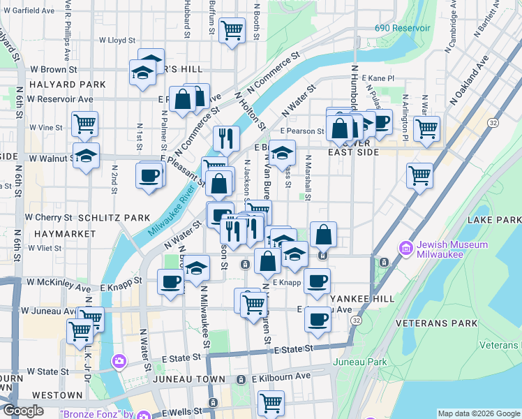 map of restaurants, bars, coffee shops, grocery stores, and more near 1535 North Van Buren Street in Milwaukee