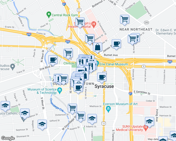 map of restaurants, bars, coffee shops, grocery stores, and more near 219 East Genesee Street in Syracuse