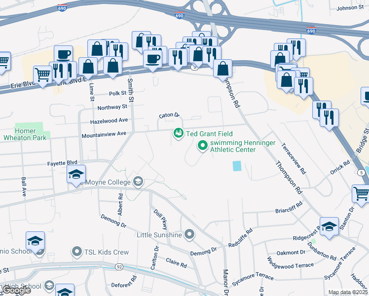 map of restaurants, bars, coffee shops, grocery stores, and more near 1419 Salt Springs Road in Syracuse