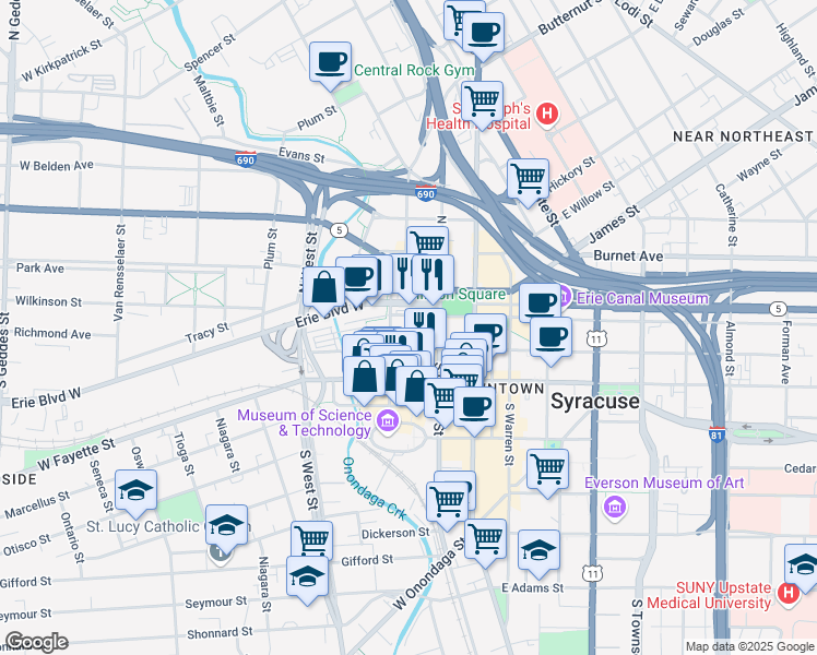 map of restaurants, bars, coffee shops, grocery stores, and more near 100 South Clinton Street in Syracuse