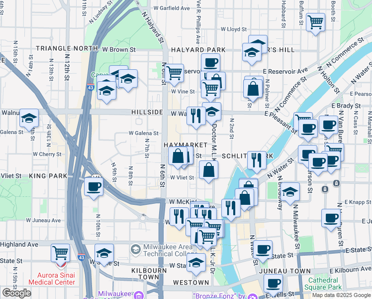 map of restaurants, bars, coffee shops, grocery stores, and more near 424 West Cherry Street in Milwaukee