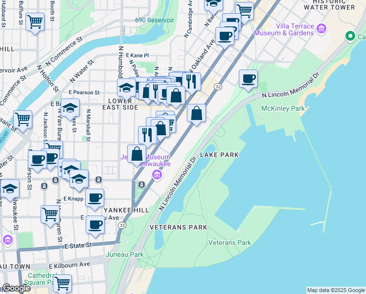 map of restaurants, bars, coffee shops, grocery stores, and more near 1570 North Prospect Avenue in Milwaukee