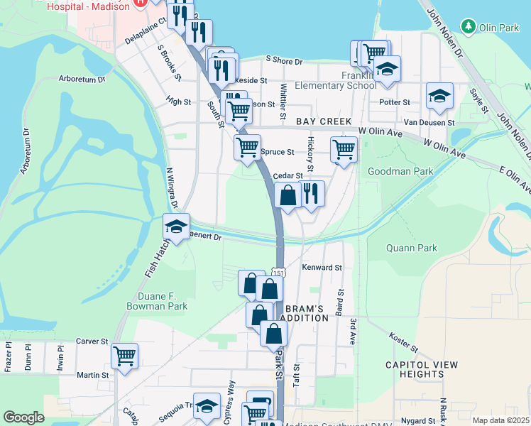 map of restaurants, bars, coffee shops, grocery stores, and more near 1602 South Park Street in Madison
