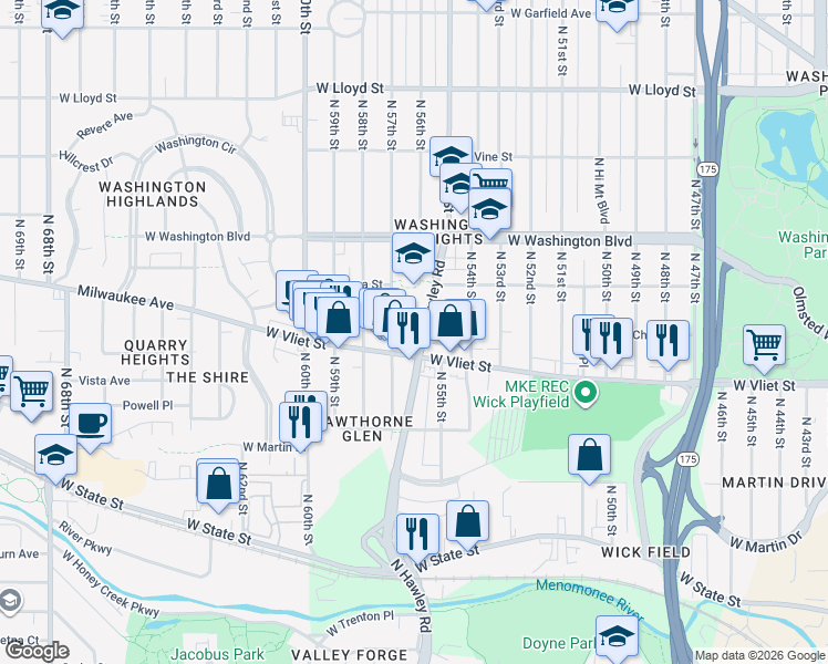 map of restaurants, bars, coffee shops, grocery stores, and more near in Milwaukee