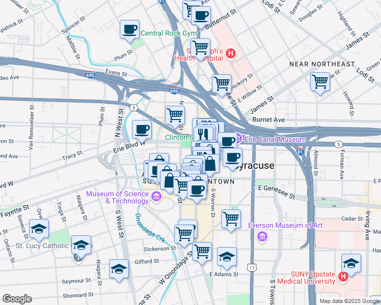 map of restaurants, bars, coffee shops, grocery stores, and more near 121 South Salina Street in Syracuse
