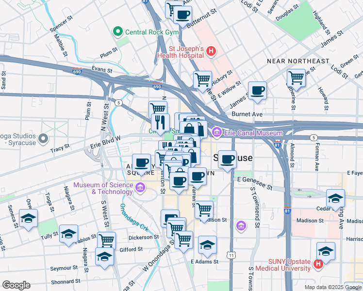 map of restaurants, bars, coffee shops, grocery stores, and more near 121 South Salina Street in Syracuse
