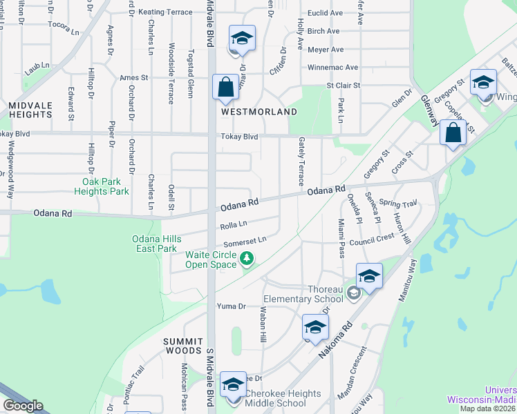 map of restaurants, bars, coffee shops, grocery stores, and more near 4214 Rolla Lane in Madison