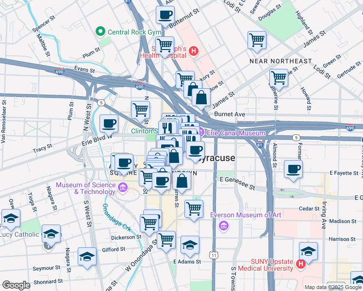 map of restaurants, bars, coffee shops, grocery stores, and more near 109 South Warren Street in Syracuse