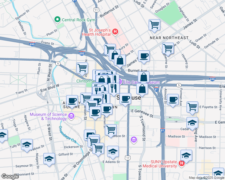 map of restaurants, bars, coffee shops, grocery stores, and more near 210 Montgomery Street in Syracuse