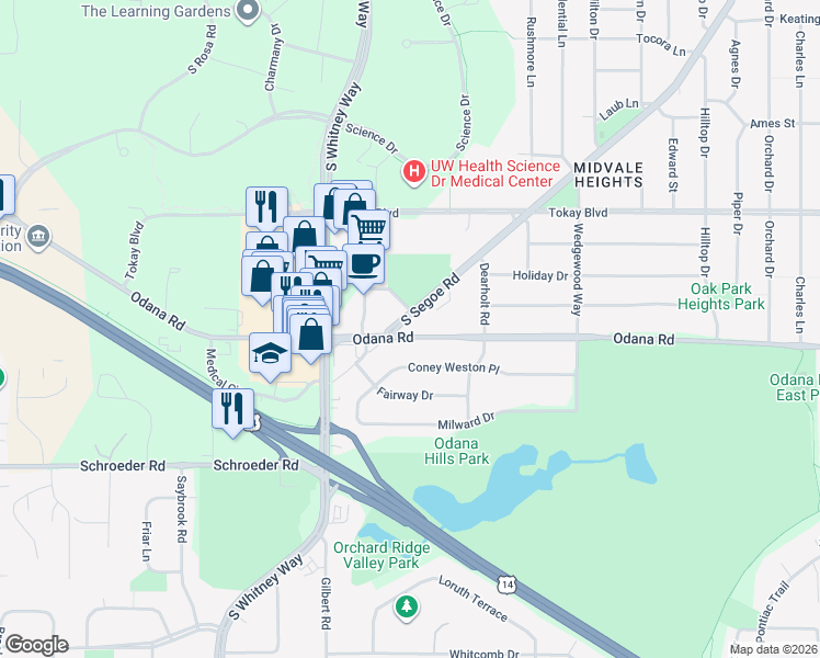 map of restaurants, bars, coffee shops, grocery stores, and more near 5314 Odana Road in Madison