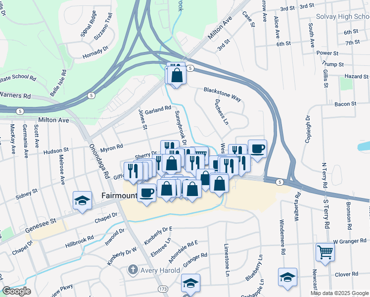 map of restaurants, bars, coffee shops, grocery stores, and more near 1 Sherry Drive in Syracuse