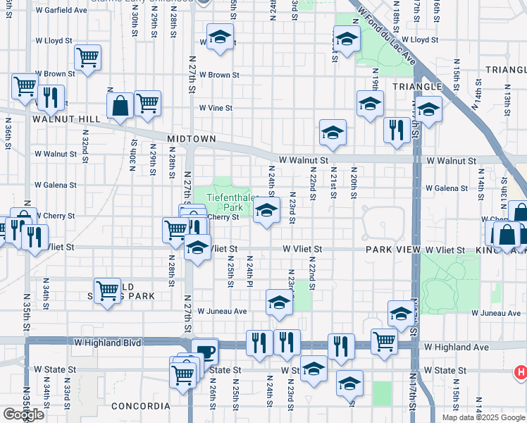 map of restaurants, bars, coffee shops, grocery stores, and more near 1525 North 24th Street in Milwaukee