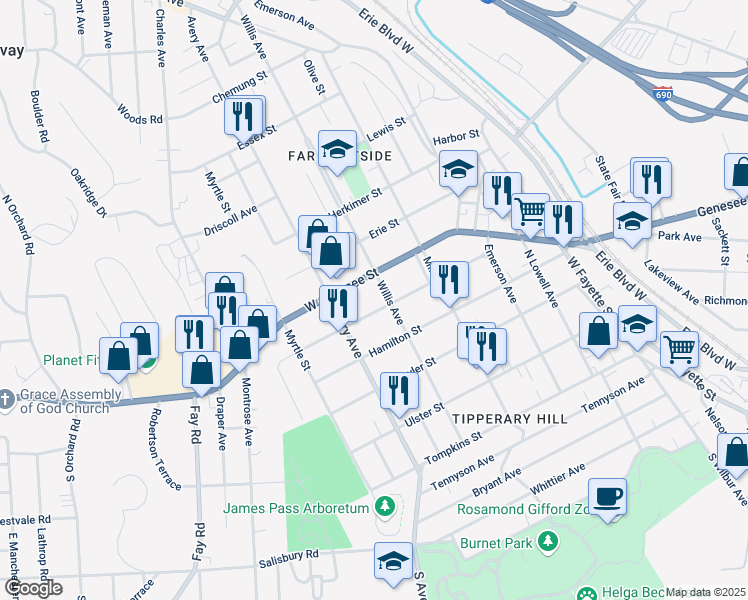 map of restaurants, bars, coffee shops, grocery stores, and more near 301 Cayuga Street in Syracuse