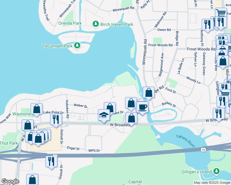 map of restaurants, bars, coffee shops, grocery stores, and more near 26 Waunona Woods Court in Madison