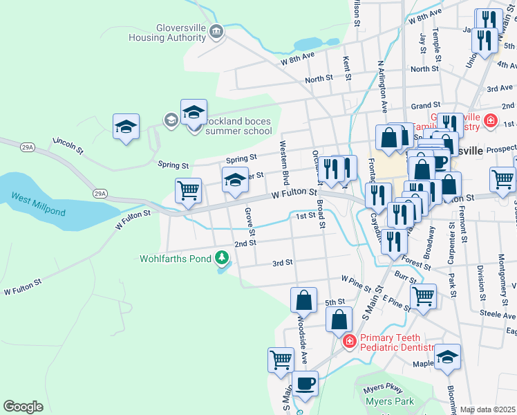 map of restaurants, bars, coffee shops, grocery stores, and more near 115 Grove Road in Gloversville