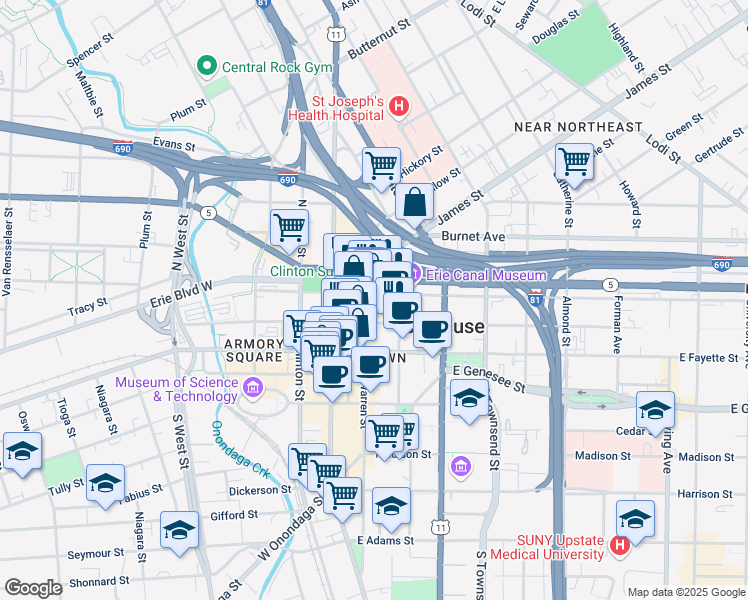 map of restaurants, bars, coffee shops, grocery stores, and more near 109 South Warren Street in Syracuse