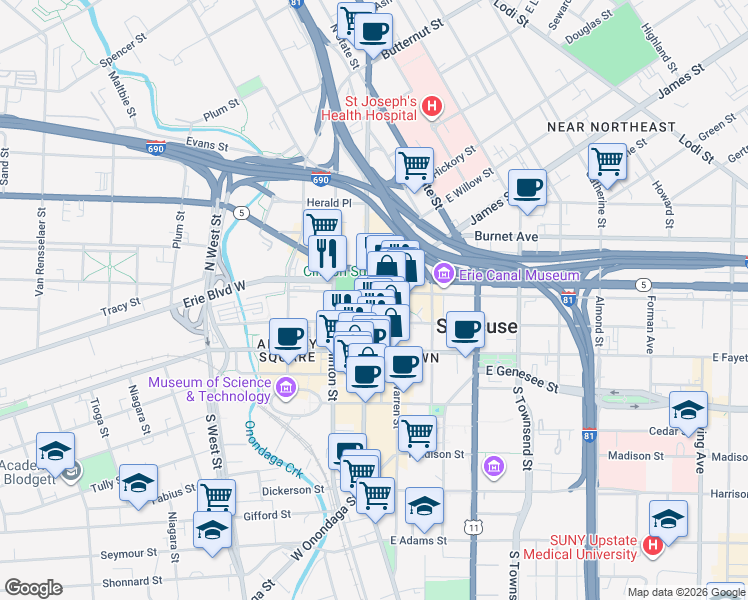map of restaurants, bars, coffee shops, grocery stores, and more near 121 South Salina Street in Syracuse
