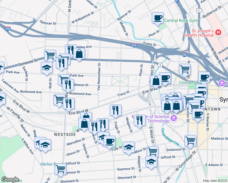 map of restaurants, bars, coffee shops, grocery stores, and more near 225 Wilkinson Street in Syracuse