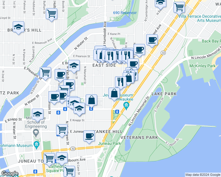 map of restaurants, bars, coffee shops, grocery stores, and more near 1517 North Franklin Place in Milwaukee