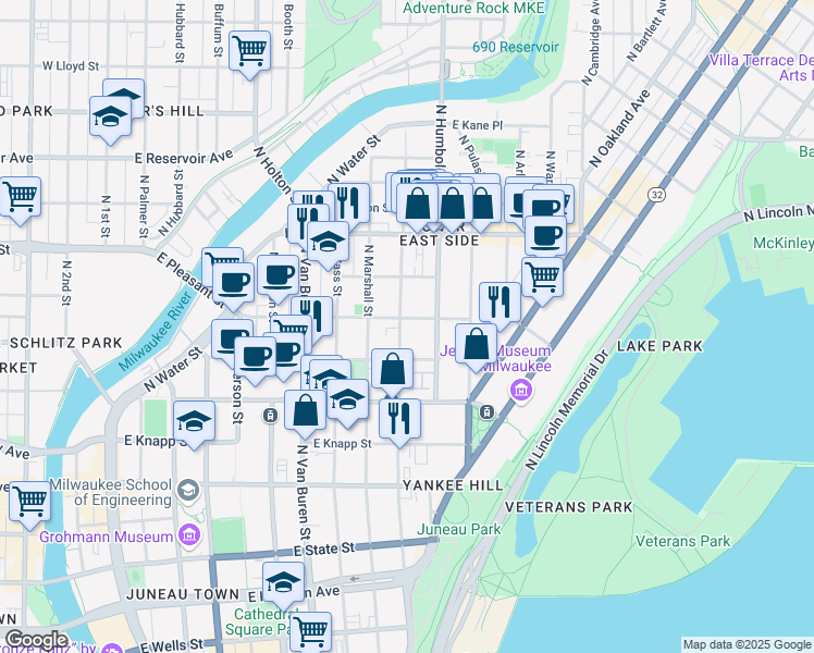 map of restaurants, bars, coffee shops, grocery stores, and more near 1527 North Astor Street in Milwaukee