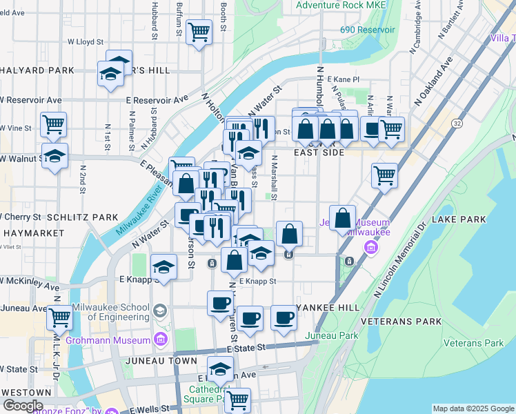 map of restaurants, bars, coffee shops, grocery stores, and more near 1527 North Marshall Street in Milwaukee
