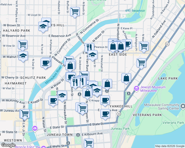map of restaurants, bars, coffee shops, grocery stores, and more near 1522 North Van Buren Street in Milwaukee