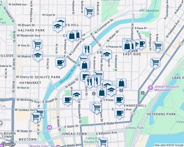 map of restaurants, bars, coffee shops, grocery stores, and more near 1526 North Jackson Street in Milwaukee