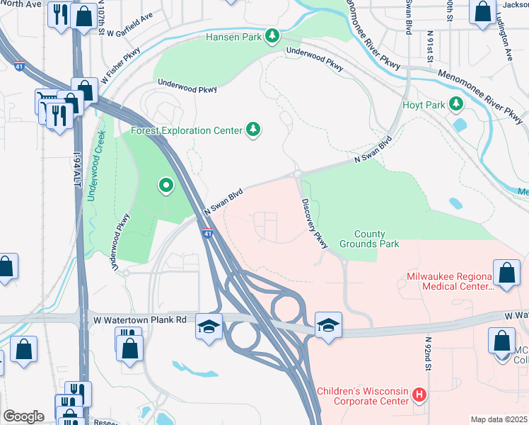 map of restaurants, bars, coffee shops, grocery stores, and more near Mariposa Lane in Wauwatosa