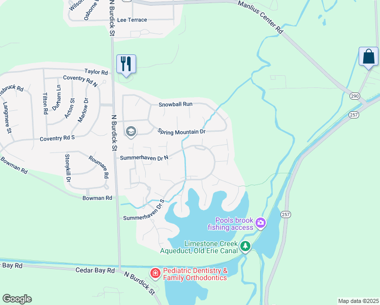 map of restaurants, bars, coffee shops, grocery stores, and more near 360 Summerhaven Drive North in East Syracuse
