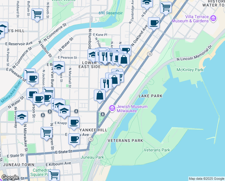map of restaurants, bars, coffee shops, grocery stores, and more near North Farwell Avenue & East Albion Street in Milwaukee