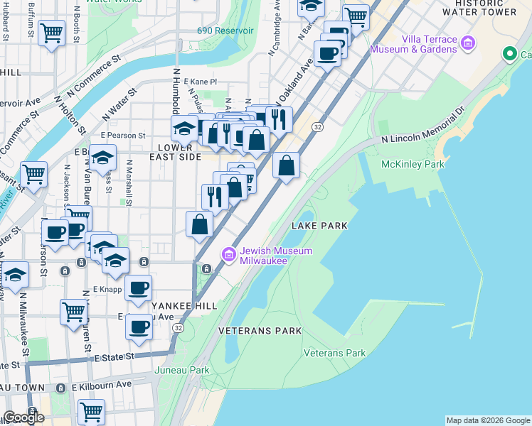 map of restaurants, bars, coffee shops, grocery stores, and more near 1570 North Prospect Avenue in Milwaukee